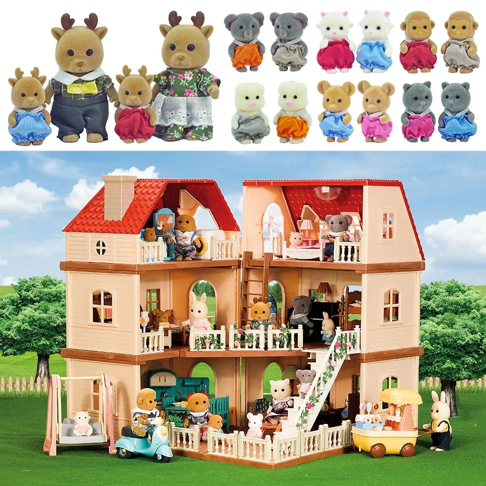 シミュレーションキッチン森家族小さな家ダブル 3 階建てヴィラトナカイ動物モデル女の子ドールハウス家具おもちゃギフト