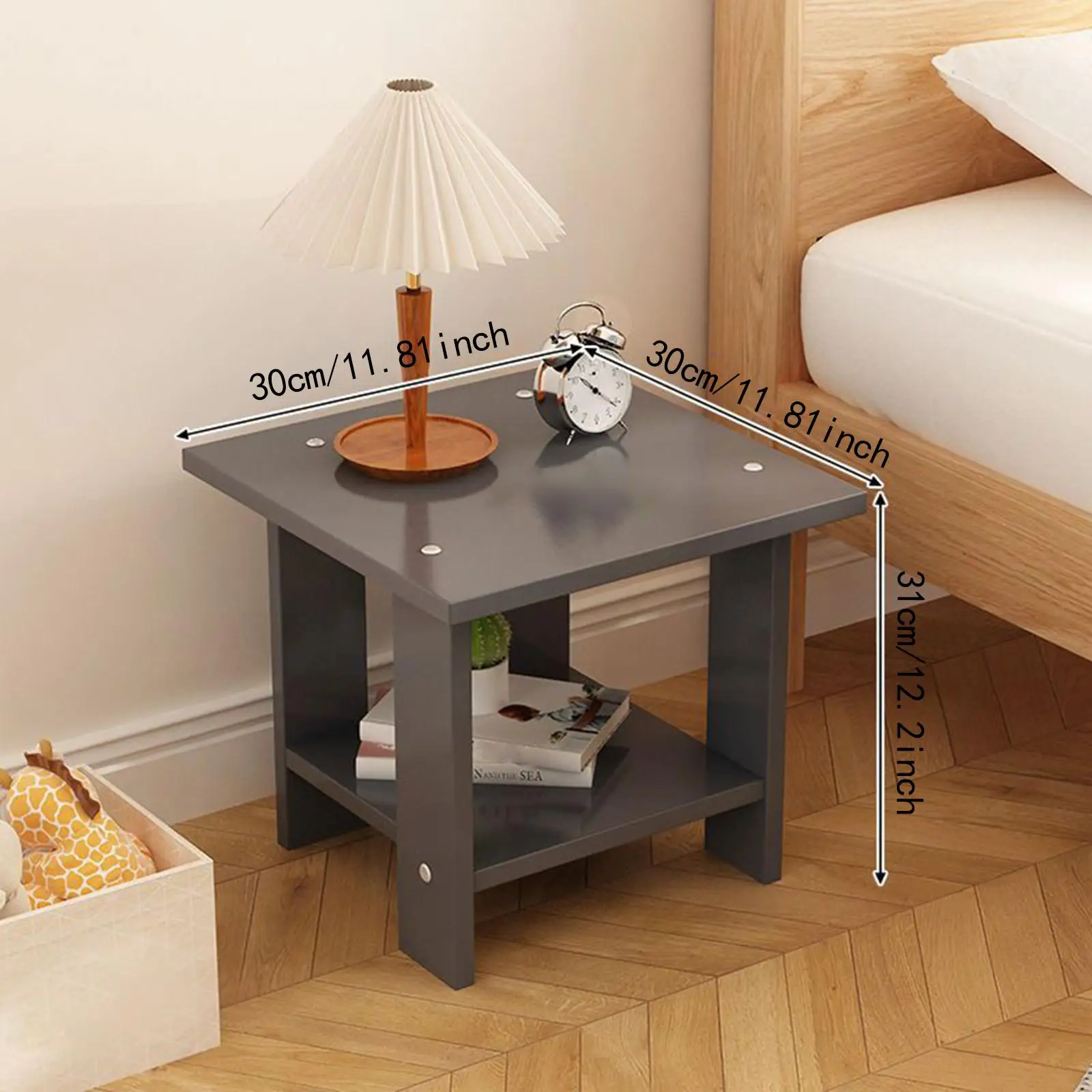 Mesa lateral de madeira com camadas duplas, multifuncional, resistente, moderna, leve para lâmpadas, telefones, laptop, mesa final 30x30x31cm