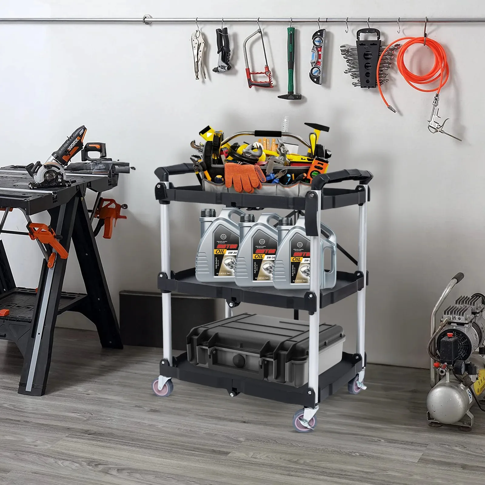 Foldable Service Carts with Wheels 3 Tier Portable Utility Rolling Tool Garage Cart Collapsible Storage Cart