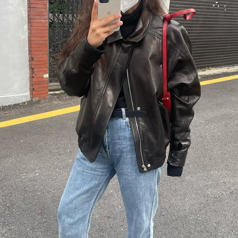 2025 herbst Faul Retro Motorrad Stil Schaffell Jacke Mode Lose Frauen Casual Schwarz/Kaffee Echt Leder Oversize Jacke mantel