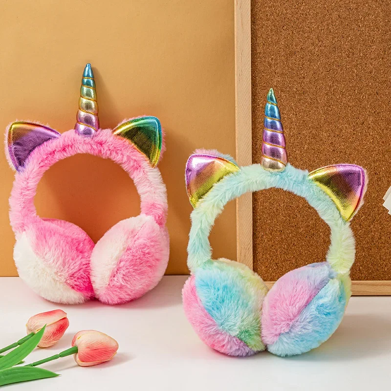 Cache-oreilles licorne colorée en peluche douce et moelleuse pour enfants, cache-oreilles chauds d'hiver avec oreilles de chat mignonnes, chapeau en fourrure tie-dye