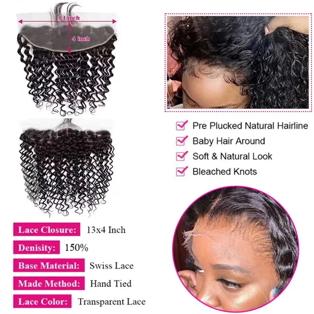 Onda de água profunda pacotes com fechamento frontal 100% cabelo humano cru não processado completo e grosso 3 pacotes com 13x4 hd laço frontal