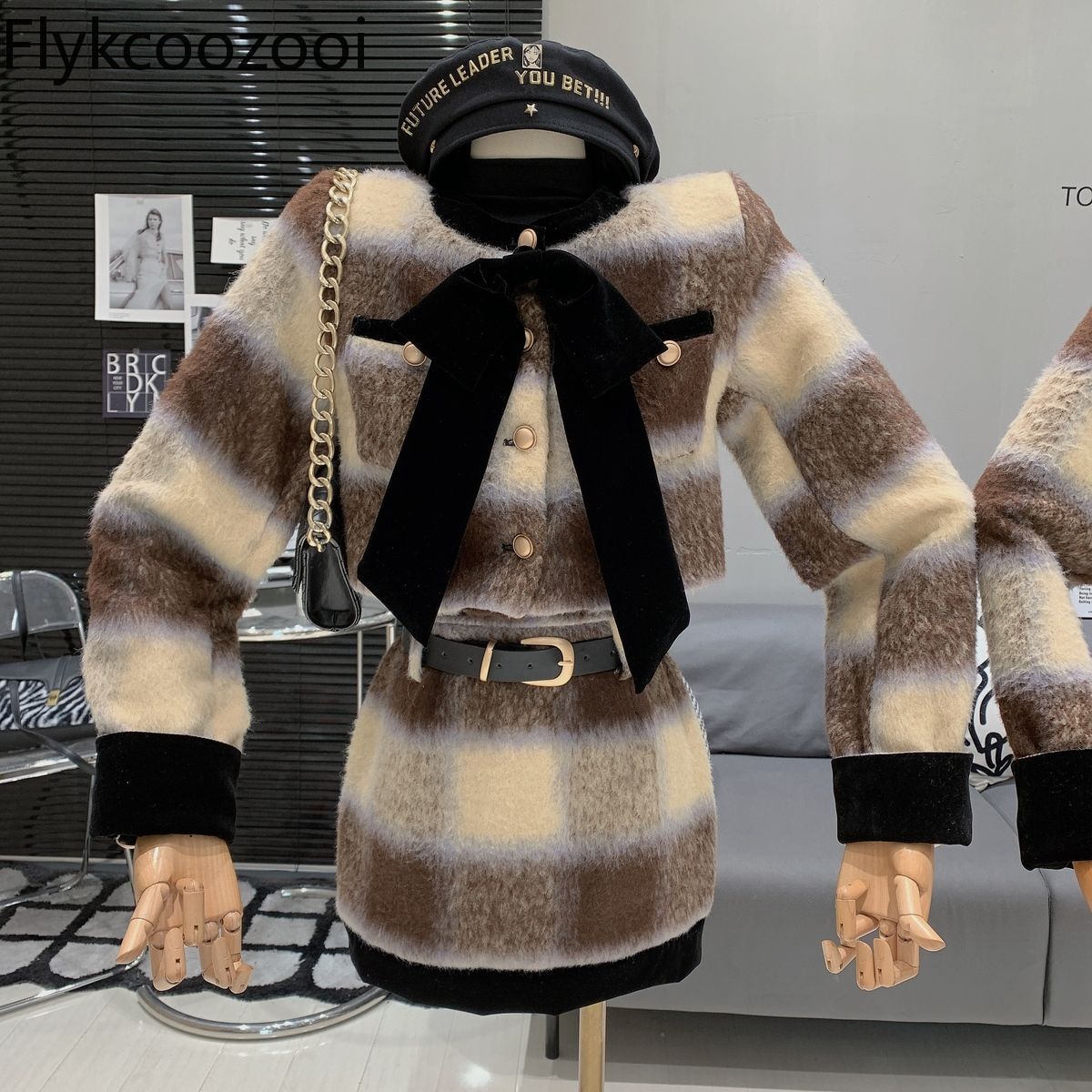 Karierter Bogen mantel hoher Gürtel tasche Hüftrock zweiteiliger Anzug conjunto femenino roupa elegante Kostüm deux Stücke femme