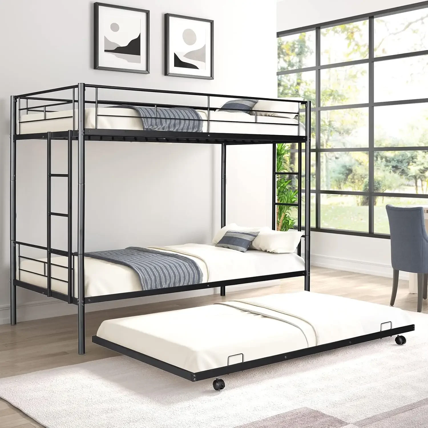 Twin Over Twin Metal Bunk Bed with Trundle Heavy Duty Twin Size Bunk Beds Frame with 2 Side Ladders,Bunkbed