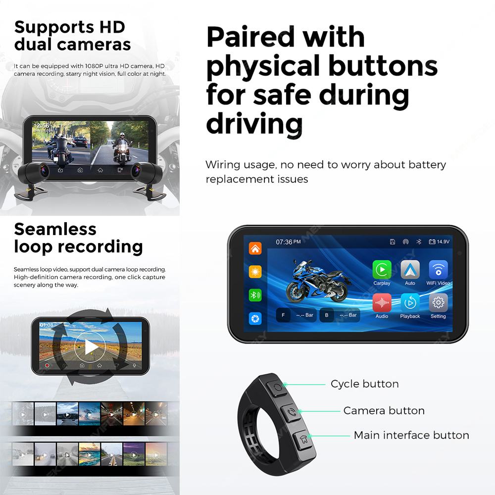 Carplay sans fil étanche IP67 pour moto, navigation GPS, Android Auto, enregistreur de conduite DVR, moniteur de moto, WiFi, portable, 6.25 pouces