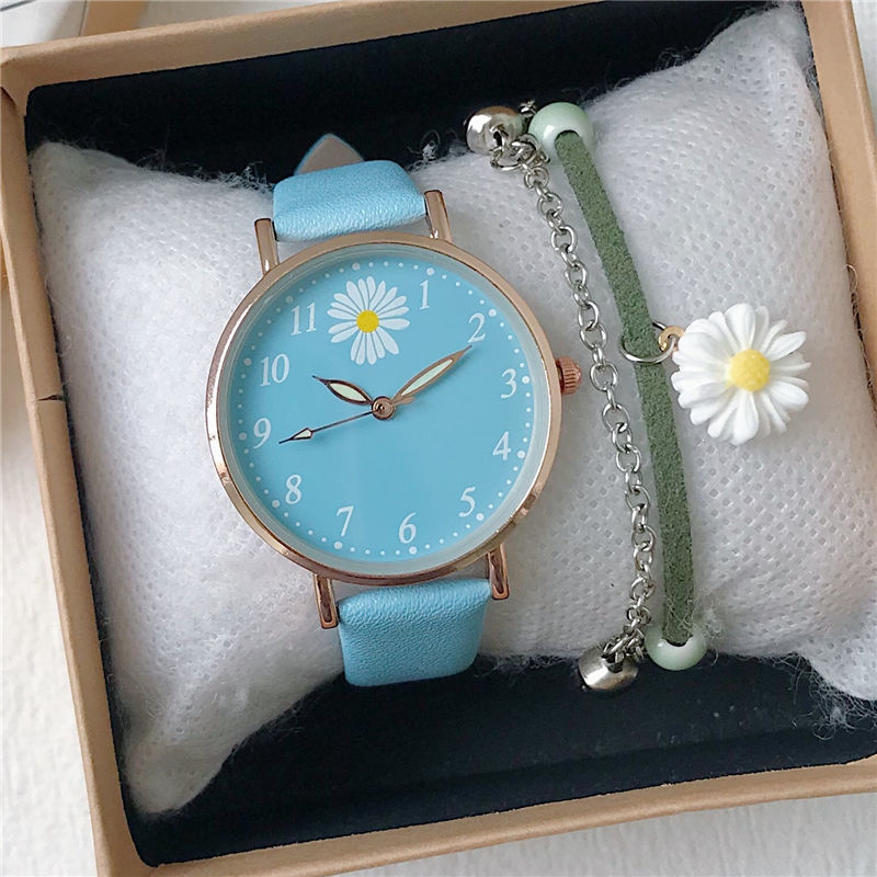 Harajuku estilo margarida relógio infantil simples quartzo couro verde rosa relógios para meninas com pulseira caixa de relógio presente reloj