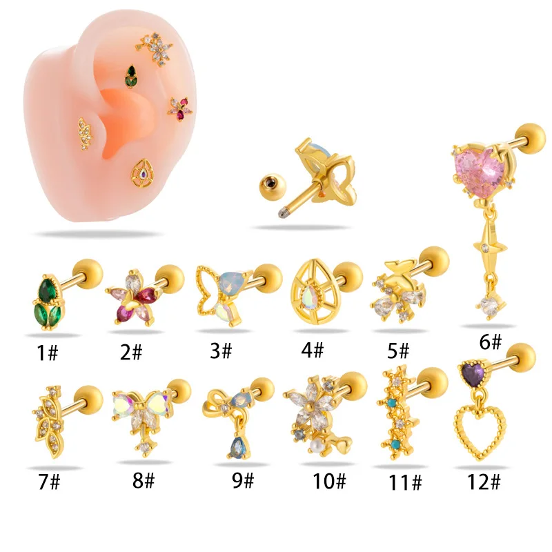 1 buah zirkonia kubik anting kancing telinga bunga Tunggal anting kancing emas perak tulang rawan dengan perhiasan desain kupu-kupu baja tahan karat
