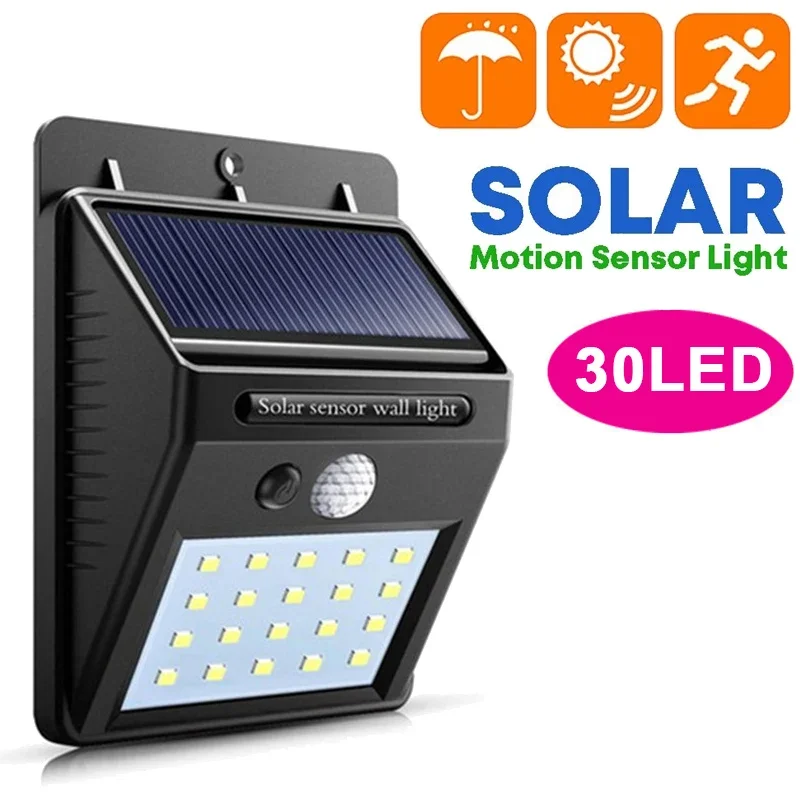 Luces solares LED con Sensor de movimiento PIR, luz de pared para exteriores, impermeable, alimentada por energía Solar, decoración de jardín, lámpara de calle, 30 LED