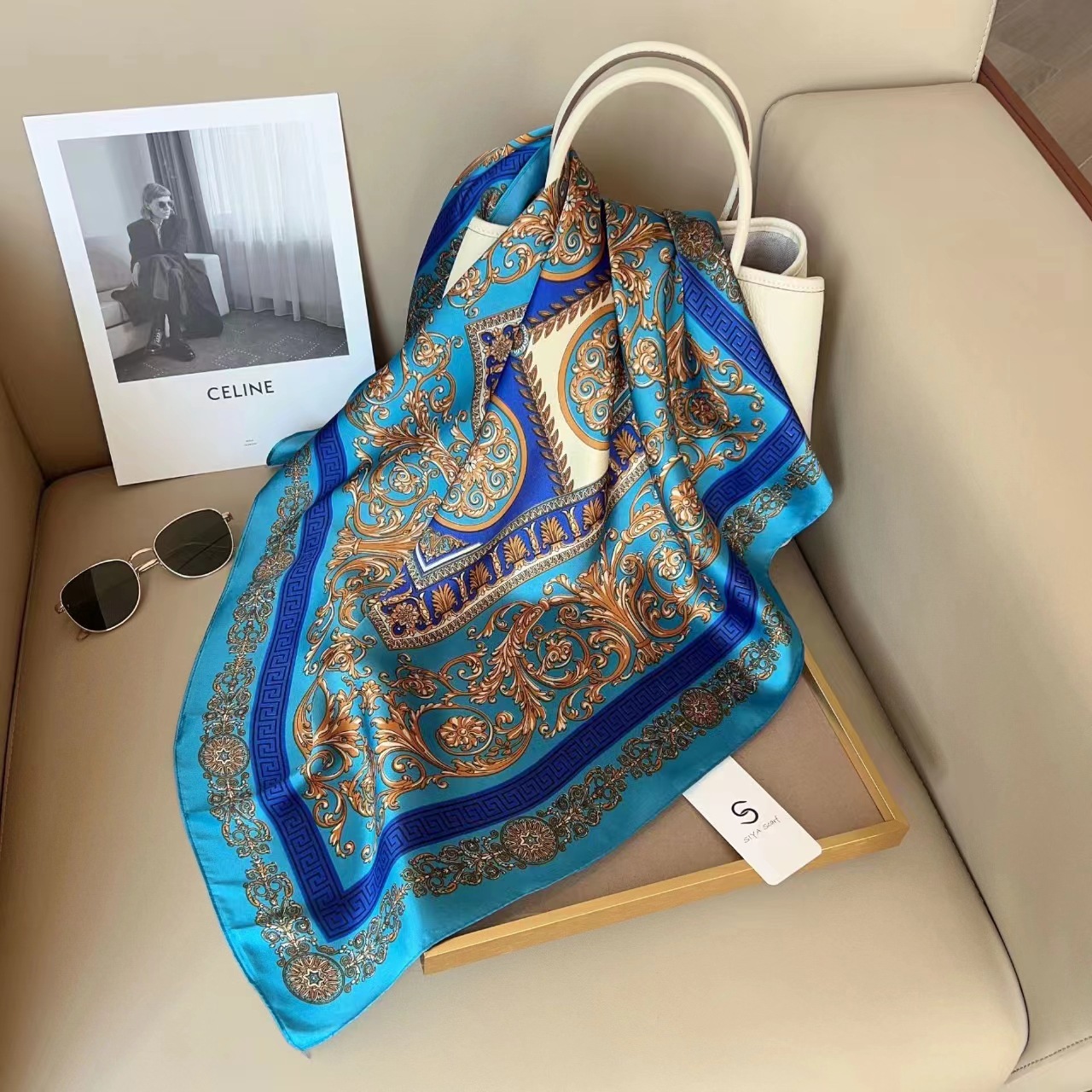 SIMPLEJEWEL 70 センチメートルシルク正方形スカーフ女性サテンバンダナプリントスカーフヘッドバンドファッション女性の髪ショールラップネッカチーフヒジャーブ