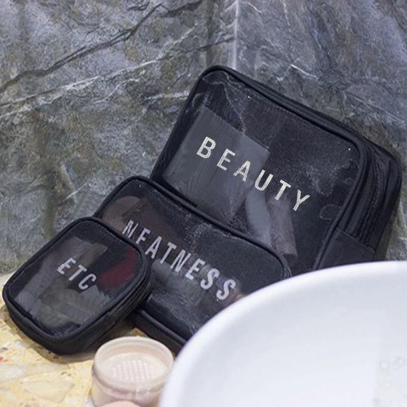 Bolsa de maquillaje en miniatura - tamaño pequeño - portátil - tela de red - gran capacidad - bolsa de almacenamiento de cosméticos - bolsa de almacenamiento