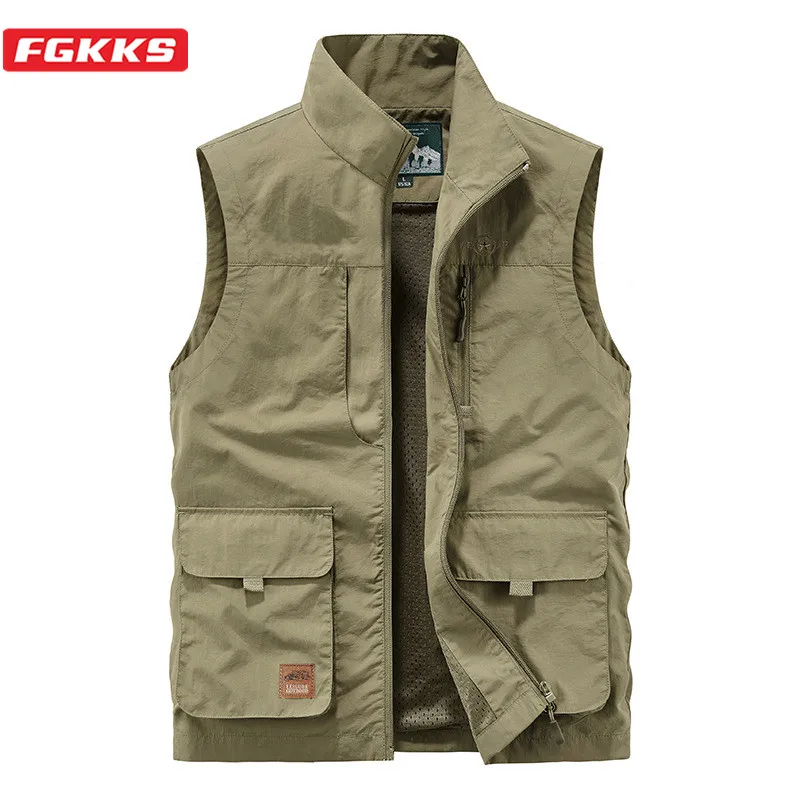 FGKKS Colete de lazer masculino cor sólida estilo ferramentas colete fino pesca caminhadas multi-bolso casual colete solto para homens