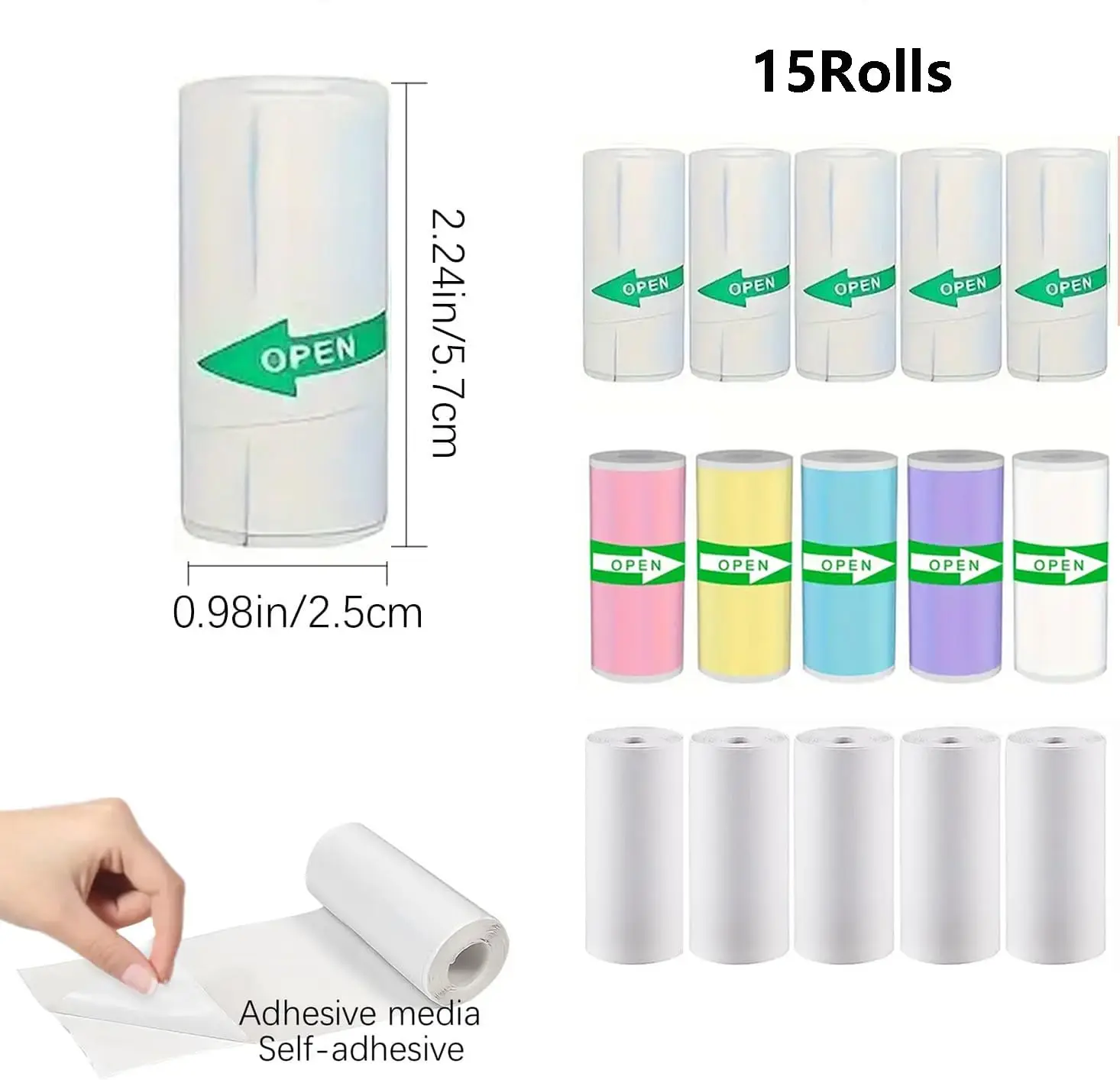 15 Rolls 57mm Thermal Paper Self-Adhesive Sticker (5 White/5 Color)+5 Plain, for Camera/Portable Printers, Photo Journal Office