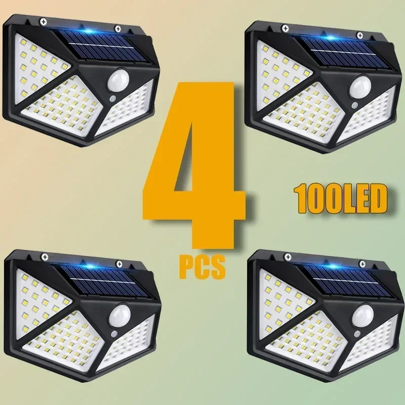 Luces solares Lámpara de pared para exteriores Sensor de movimiento PIR 100LED Luz de calle con energía solar para patio de jardín 1/2/4 piezas