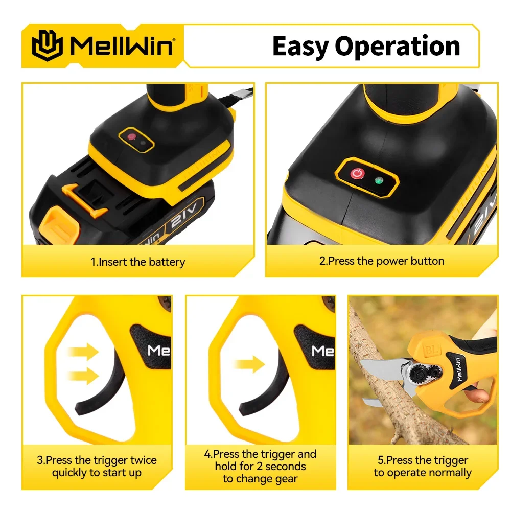 MELLWIN 30mm Brushless Electric Pruner Shear 2Gears Cordless Fruit Tree Bonsai Pruning Scissors Tools For Makita 18V Battery Pin
