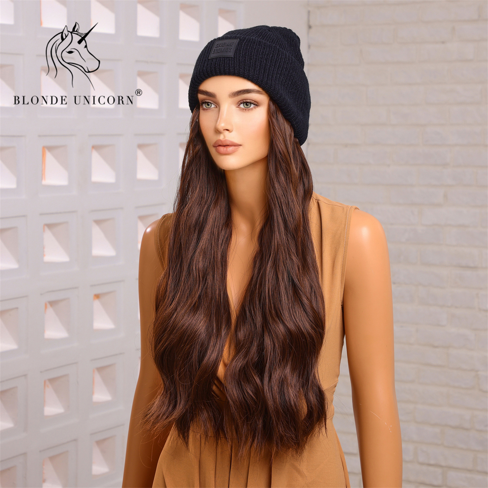 Blonde Unicorn หมวกวิกผมหมวกผมหมวกวิกผมสีน้ําตาลหยักวิกผมเชื่อมต่อผมสังเคราะห์ผู้หญิง Daily Party อุณหภูมิสูง