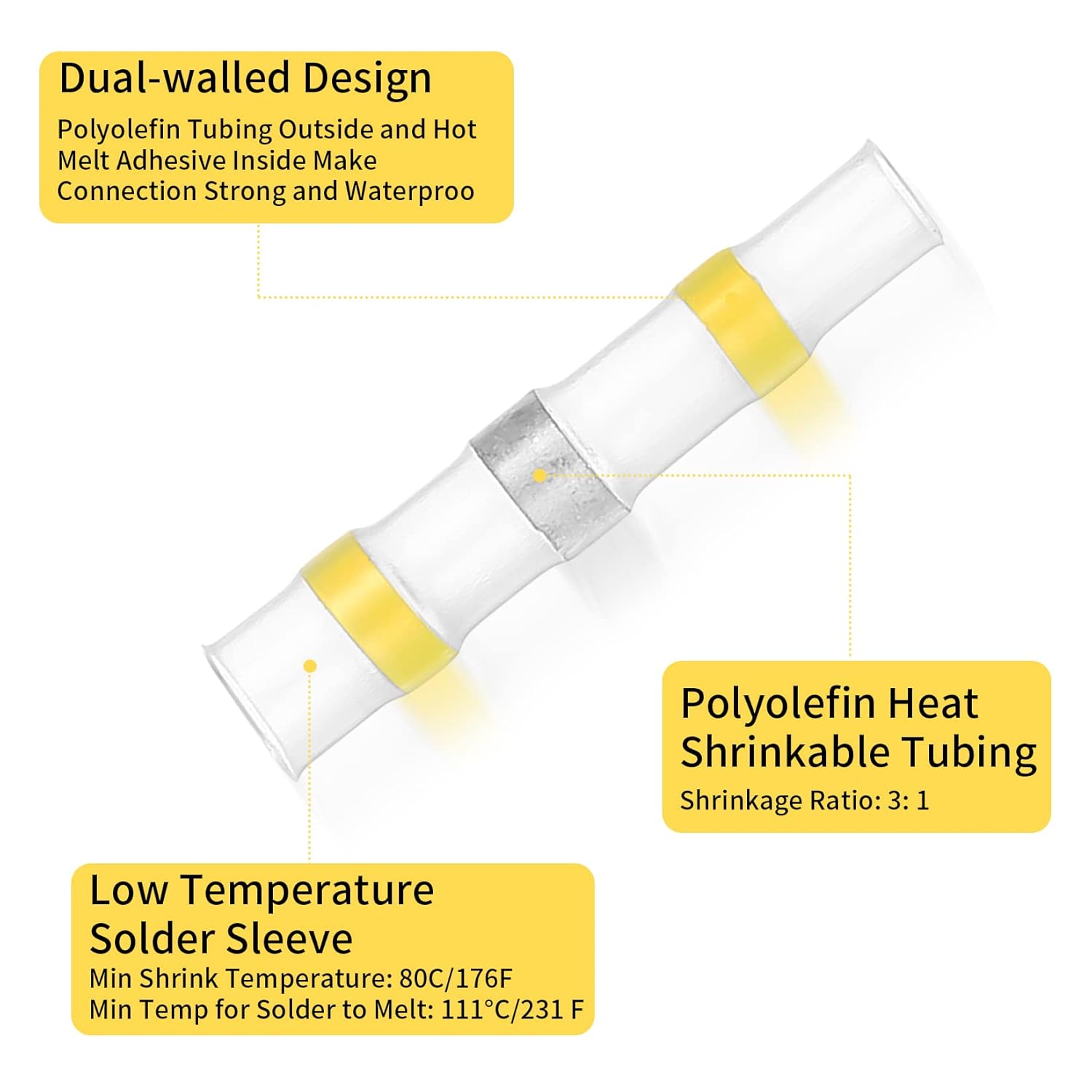 100 Pcs Solder Seal Wire Connectors, Heat Shrink Butt Wire Connectors Kit, Waterproof Insulated Heat Shrink Solder Butt Splice