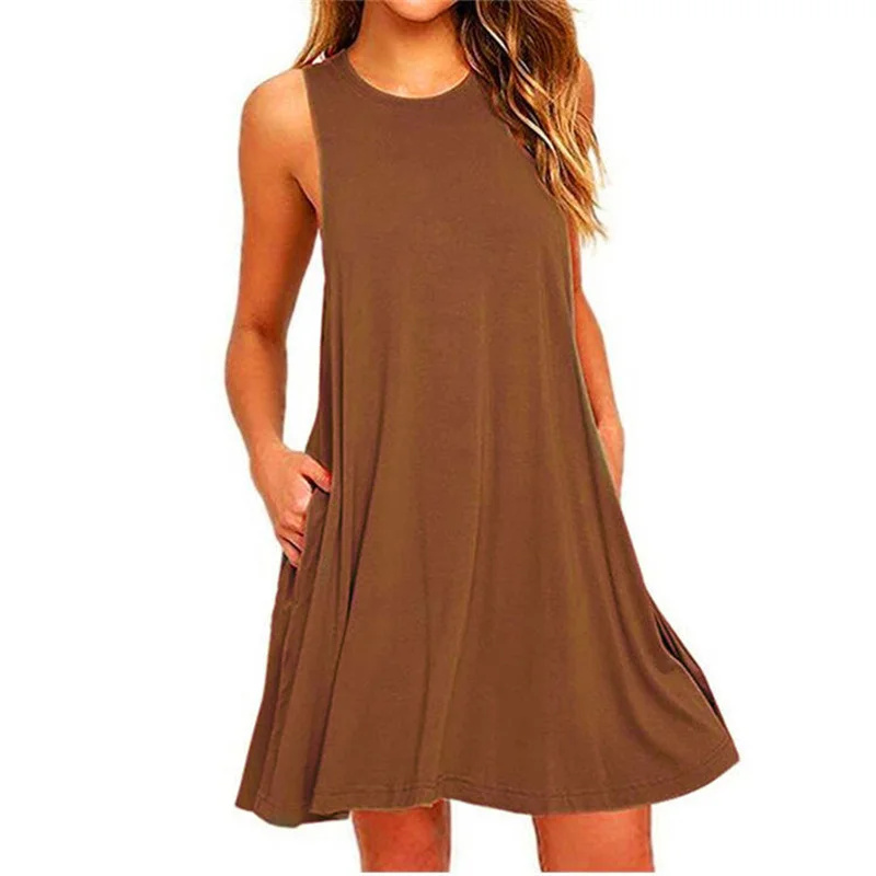 Vestido de mujer, camiseta informal de verano, vestidos de playa, vestido plisado liso con bolsillos sin mangas