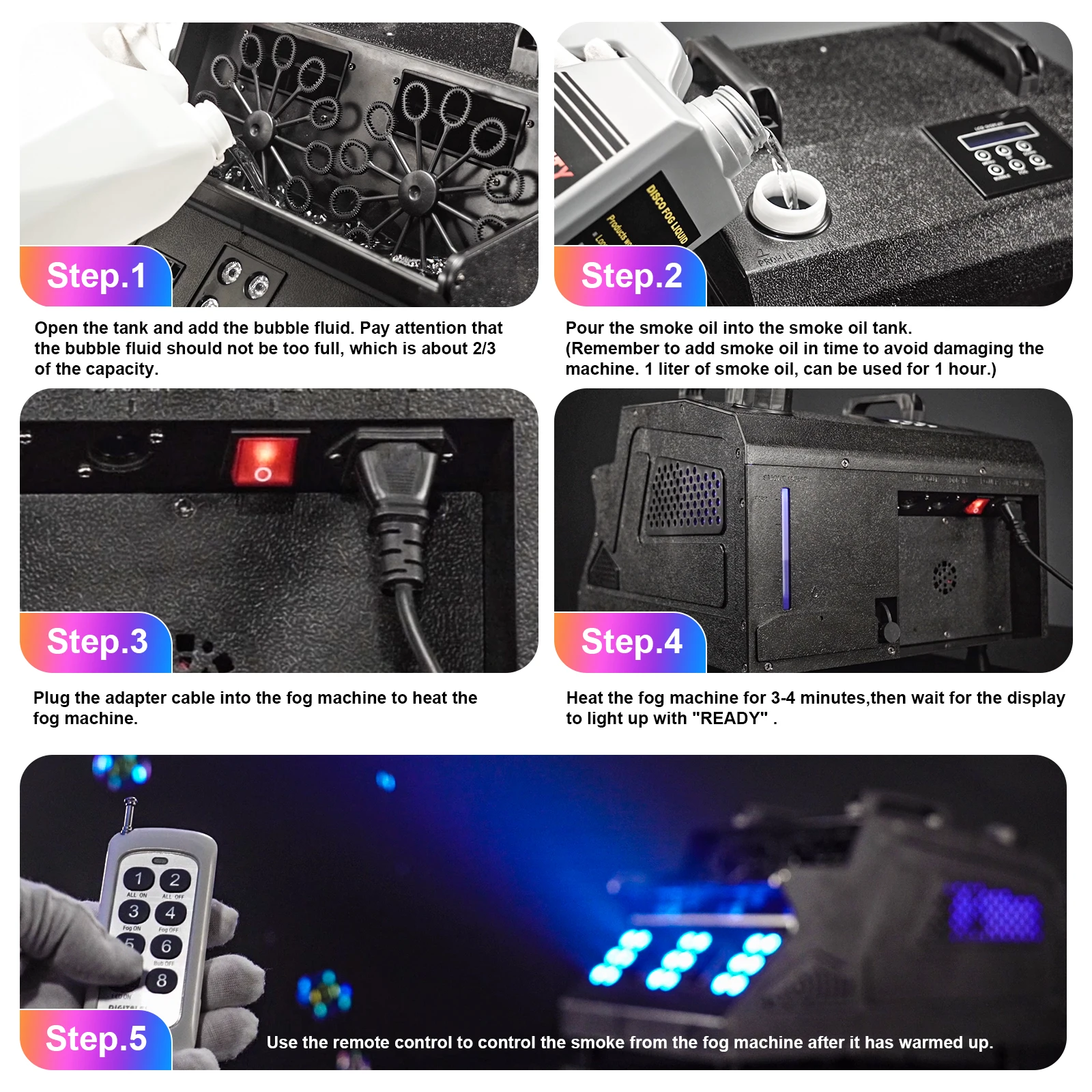 Yiflamefly 1500W Bubble Fog Machine 8 RGB 3IN1 LED Smoke Bubble Machine DMX Stage Light with Remote Control For DJ Wedding Party