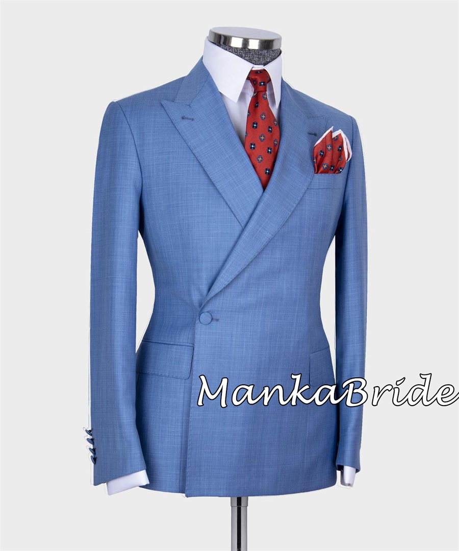 ชุดสูทผู้ชายธุรกิจ2ชิ้นกางเกงเจ้าบ่าว/เจ้าบ่าวสีฟ้ากระดุมสองแถวสำหรับงานแต่งงานทักซิโด้แบบคลาสสิก
