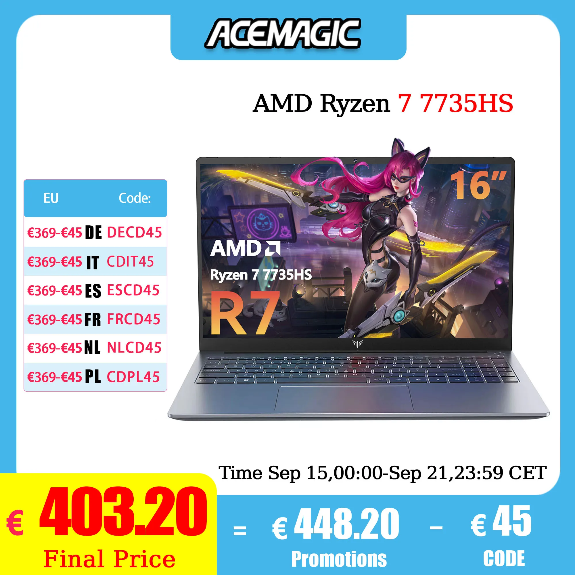 ACEMAGIC RX16 AMD Ryzen 7 7735HS 16" Ultra Slim 4400MAH Laptop 16GB LPDDR5 RAM 512GB ROM Windows 11Pro BT5.2 Wifi 6 Notebook