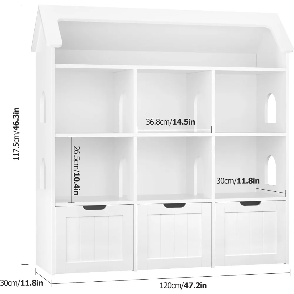 Toy Storage Organizer with House-Shaped Design, Kids Bookshelf Dollhouse Bookcase with 3 Movable Drawers and 6 Storage Cubbies