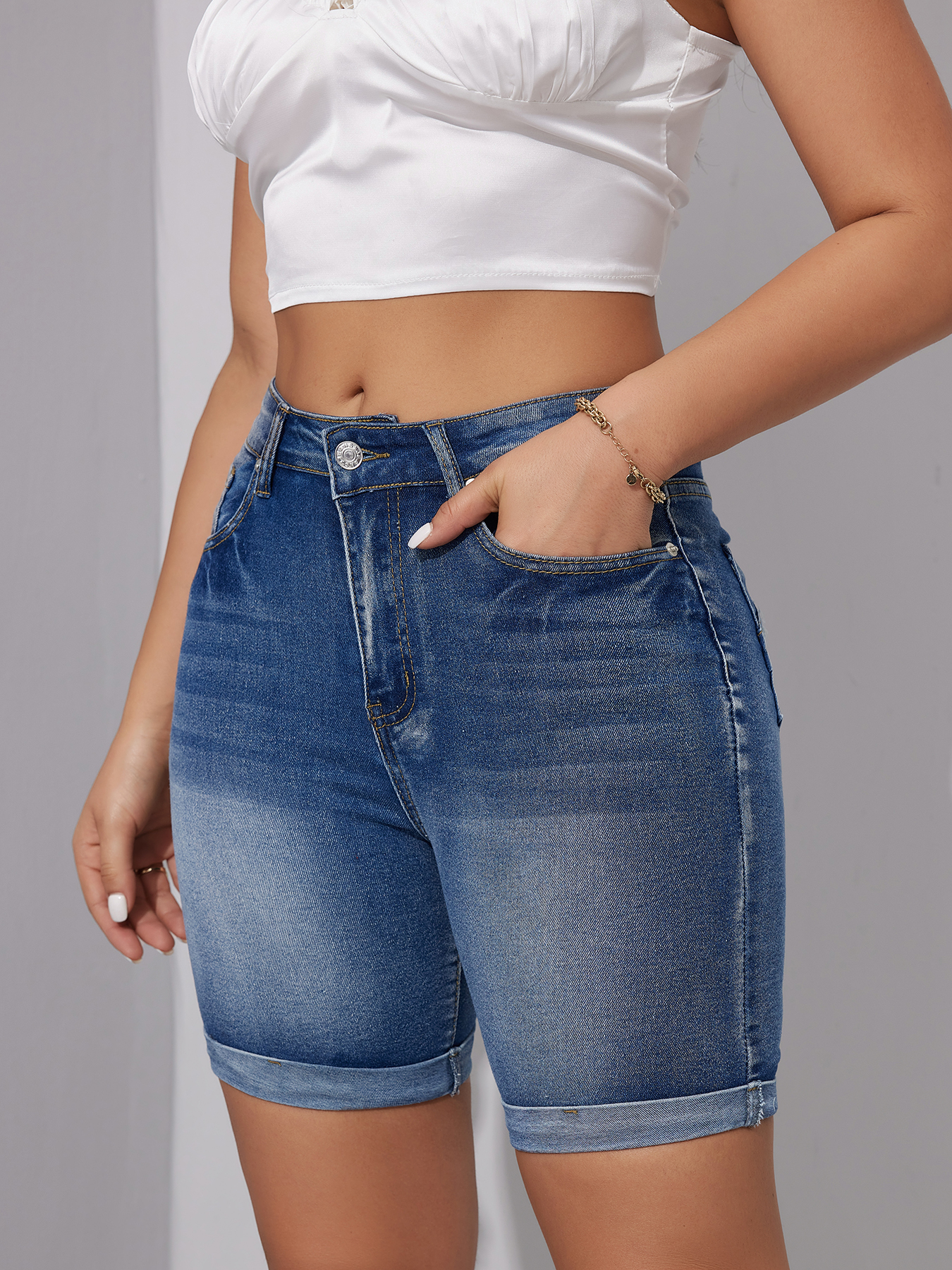 NOVEDAD DE VERANO 20224, pantalones cortos vaqueros rasgados de cintura alta para mujer, pantalones cortos vaqueros ajustados elásticos hasta la rodilla, ropa informal femenina