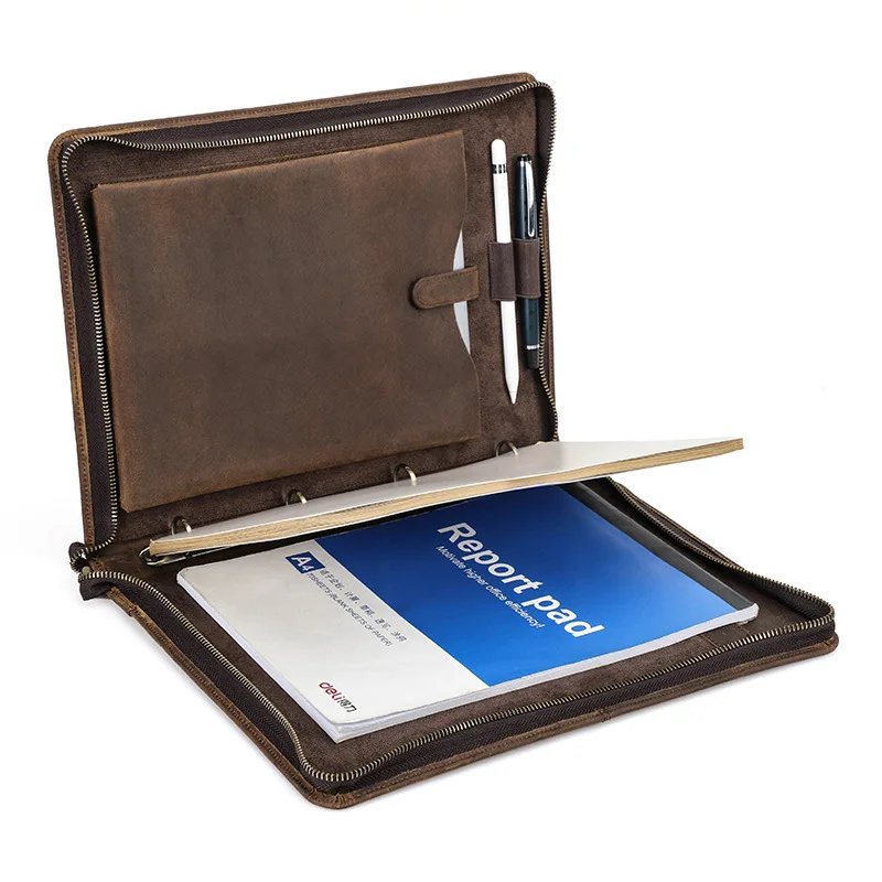 "A4 Notebook Crazy Horse Genuine Leather Cover w/Pen Loop, Fits iPad 11'', Multi-Function 4-Ring Binder, 35x26x3cm 840g"