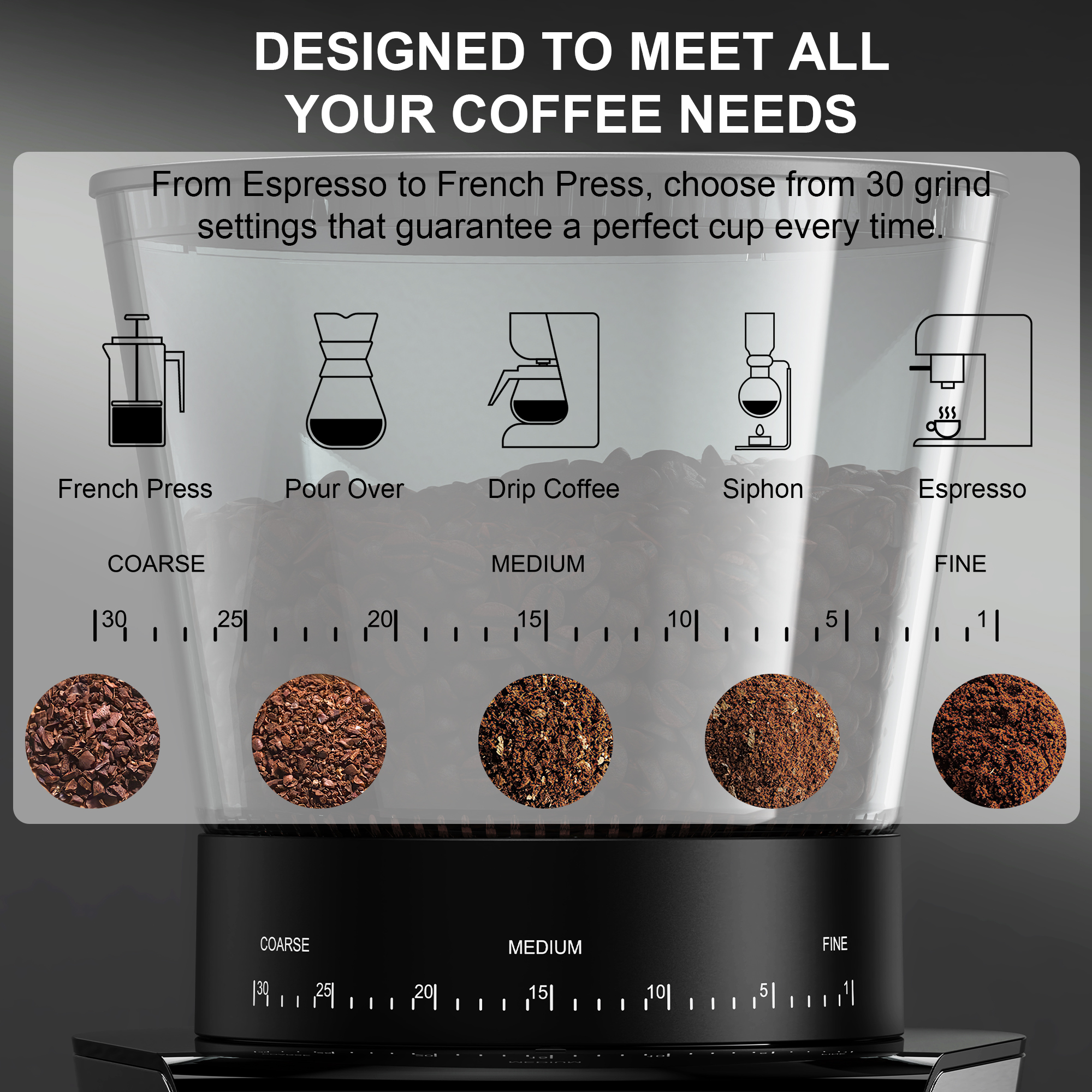 Moedor de café elétrico automático BioloMix com 30 engrenagens para café expresso americano despeje sobre armazenamento visual de feijão