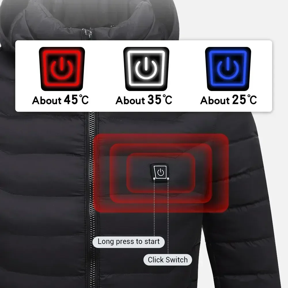 メンズ 17 ゾーン加熱ジャケット冬無地 USB 電熱防寒屋外旅行フード付きダウンジャケット男性パーカーコート
