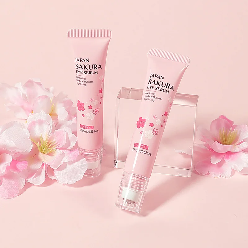 Laikou sakura olho soro rolo massagem vitamina c ácido hialurônico cuidados com a pele sacos de olho creme hidratante círculos escuros 15ml