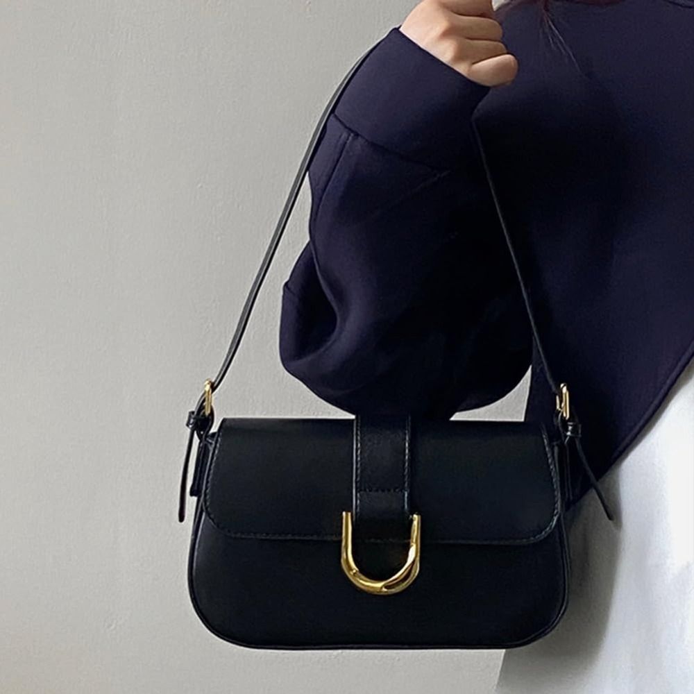 Bolsa de ombro de couro PU clássica feminina, monocromática pequena, fivela em ferradura, casual, transversal, fecho de zíper, embreagem, bolsa