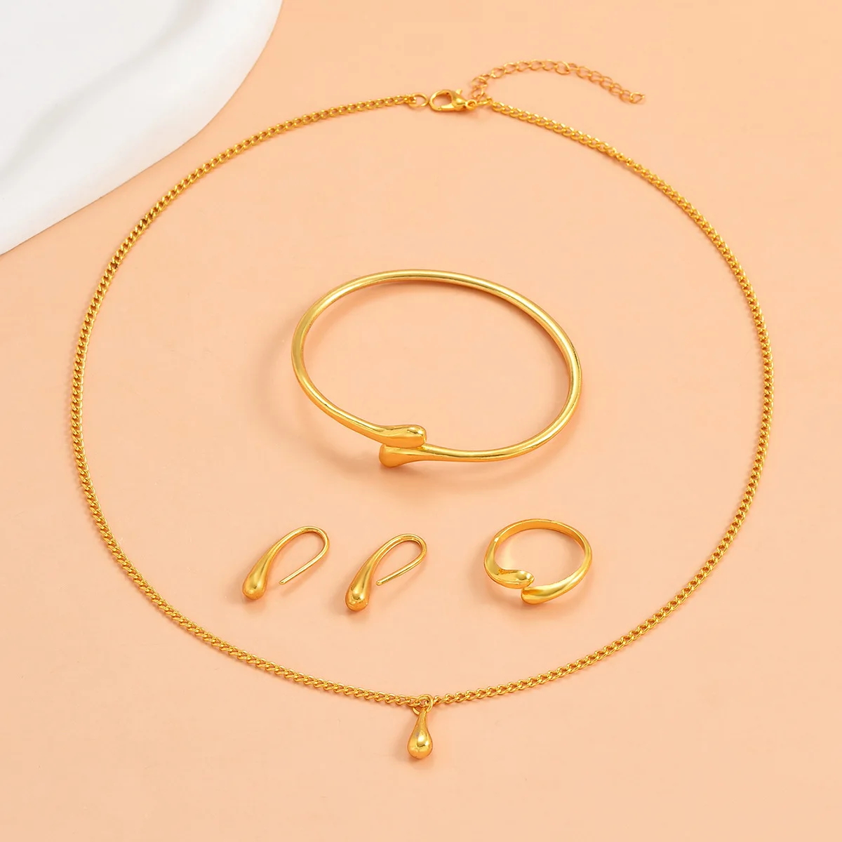 5-teiliges Set mit gebogenen Bohnen-Wassertropfen-Ohrringen für Damen, Halskette, Armband, Ring, Hochzeit, Bankett, Party, Urlaub, Geschenke-8127