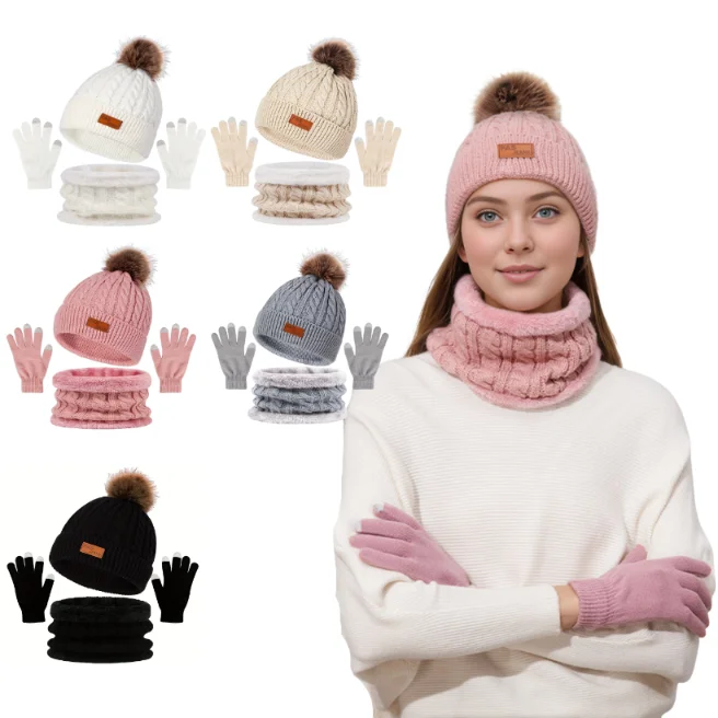 Gorro de punto de lana cálido y suave para invierno, bufanda, guantes para pantalla táctil, juego de 3 uds., calentador perfecto para orejas y cuello para gorro de esquí, deportes al aire libre