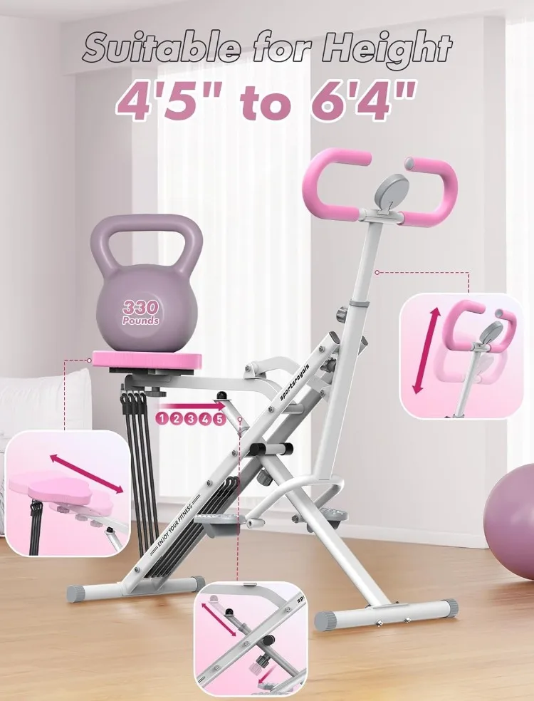Pink Squat Machine for Home,Rodeo Core Exercise Machine,330lbs Foldable,Adjustable 4 Resistance Bands,Ride & Rowing Machine