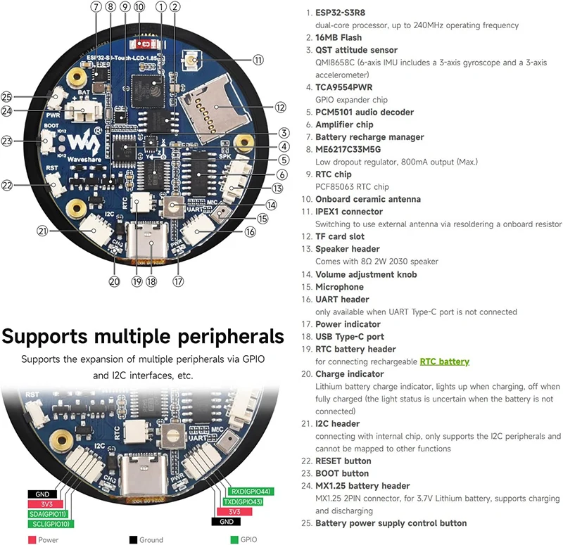 Waveshare ESP32-S3 Placa de desarrollo de pantalla LCD redonda IPS TFT de 1,85 pulgadas 360x360 compatible con WiFi Bluetooth para LVGL GUI/HMI/Arduino