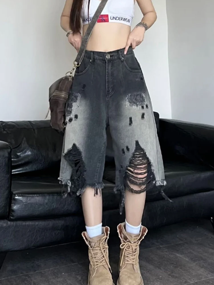Zoki 原宿穴 Y2K デニムショーツ女性ストリートヴィンテージグラデーションジーンズショーツアメリカンレトロ Bf ヒップホップデザインショーツ新
