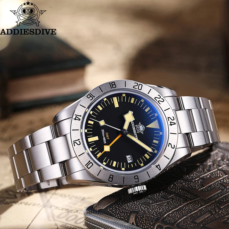 ADDIESDIVE GMT นาฬิกาผู้ชาย 39mm DIVER Luminous ปฏิทินสแตนเลส 20ATM นาฬิกาควอตซ์ Reloj Hombre