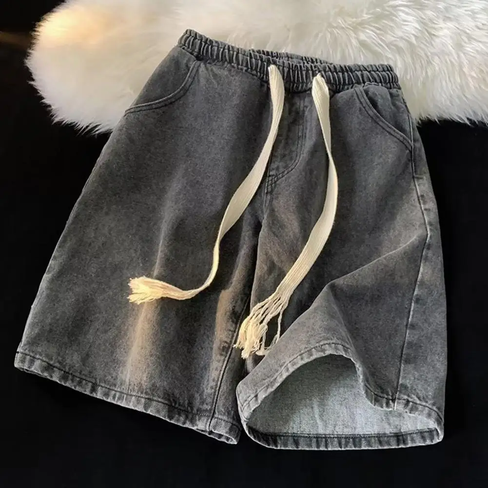 ผู้ชายกางเกงขาสั้นผ้ายีนส์ขากว้างผู้ชาย Quick-drying DENIM กางเกงขาสั้นชายหาดยืดหยุ่นสายรัดเอวกระเป๋าฤดูร้อนกางเกงขาสั้นขากว้าง