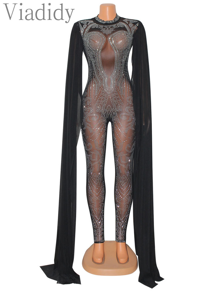 Frauen Sexy Durchsichtig Langarm Einfarbig Sheer Mesh Strass Dekor Dünne Overall