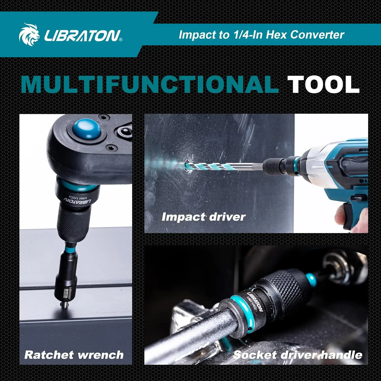 LIBRATON Impact to 1/4 Hex Converter 1/2 3/8 1/4“ Drive Female to 1/4" Hex Adapter Impact Wrench Adapters for Impact Bit Holders