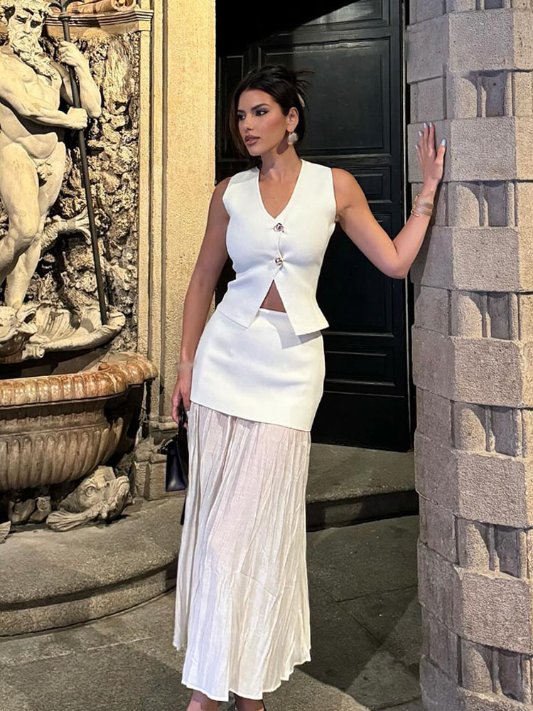 Damski komplet HH, 2-częściowy: dzianinowa kamizelka bez rękawów z dekoltem w serek zapinana na guziki + elegancka spódnica z wysokim stanem, zapinana na zamek, idealna na wakacje.