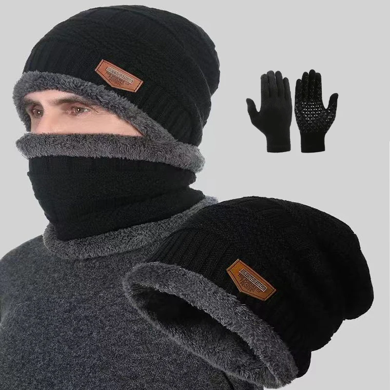 2pcs+1 pair Winter Warm Velvet Hat Scarf Gloves Set Winter Hats Knit Cap Men And Women Velvet Hat Coral Fleece Scarf Outdoor Rid
