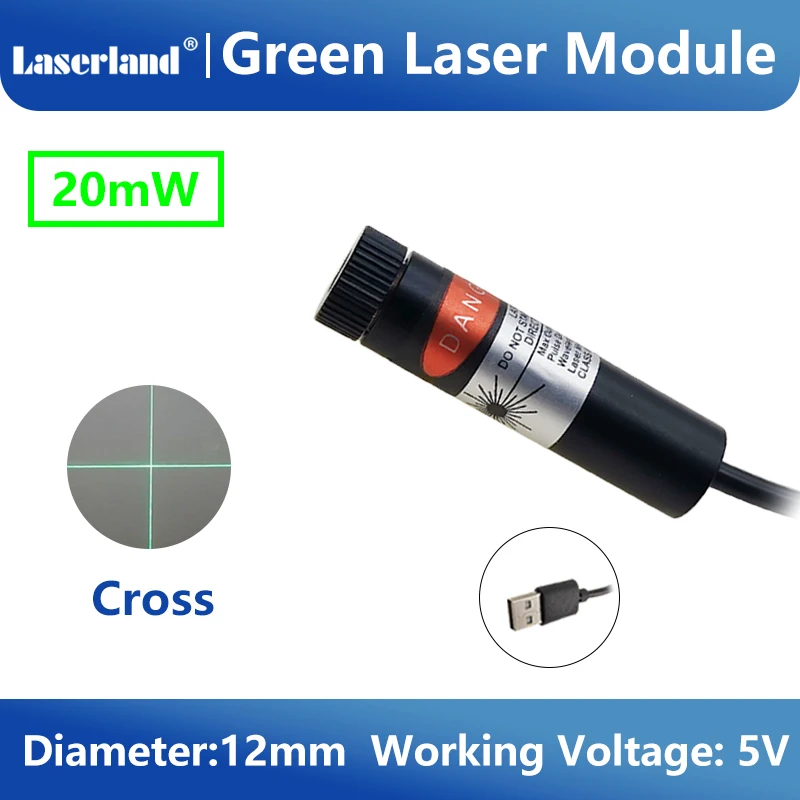 Módulo láser de punto/línea/cruz enfocable de 12 mm, 520 nm, 20 mW, para marcar, soldar, bordar con conexión USB