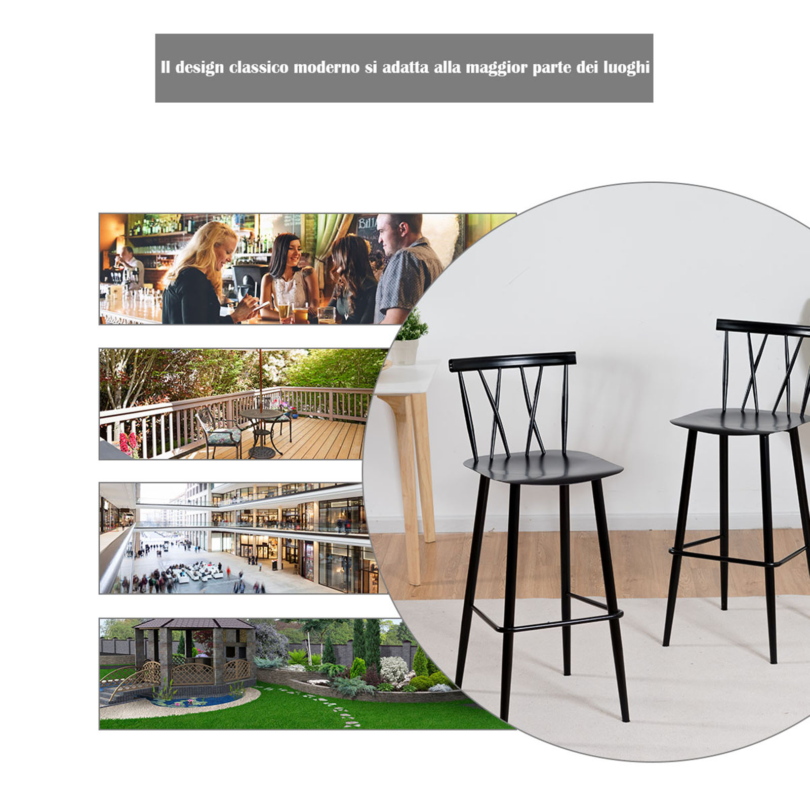 Set di 2 Sedie da Bar, Sedia Alto da Pranzo con Schienale, Sgabello con Struttura in Metallo Resistente, 48 x 40 x 105 cm