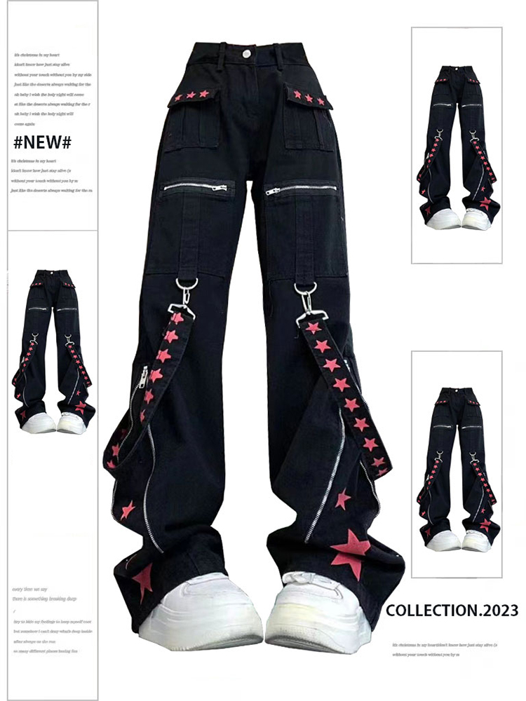 ผู้หญิง Black Gothic Baggy Cargo กางเกงยีนส์ Harajuku Vintage Y2k Denim กางเกงคาวบอยกางเกง 90s Aesthetic ถังขยะ Emo 2000s เสื้อผ้าใหม่