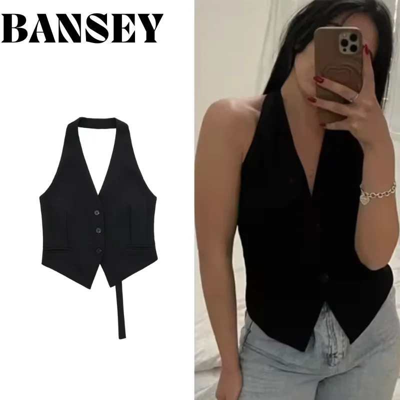 2025, damesmode off-shoulder mouwloos cropped vest, rugloos ontwerp, v-hals, kort zomervest, dagelijkse outfits