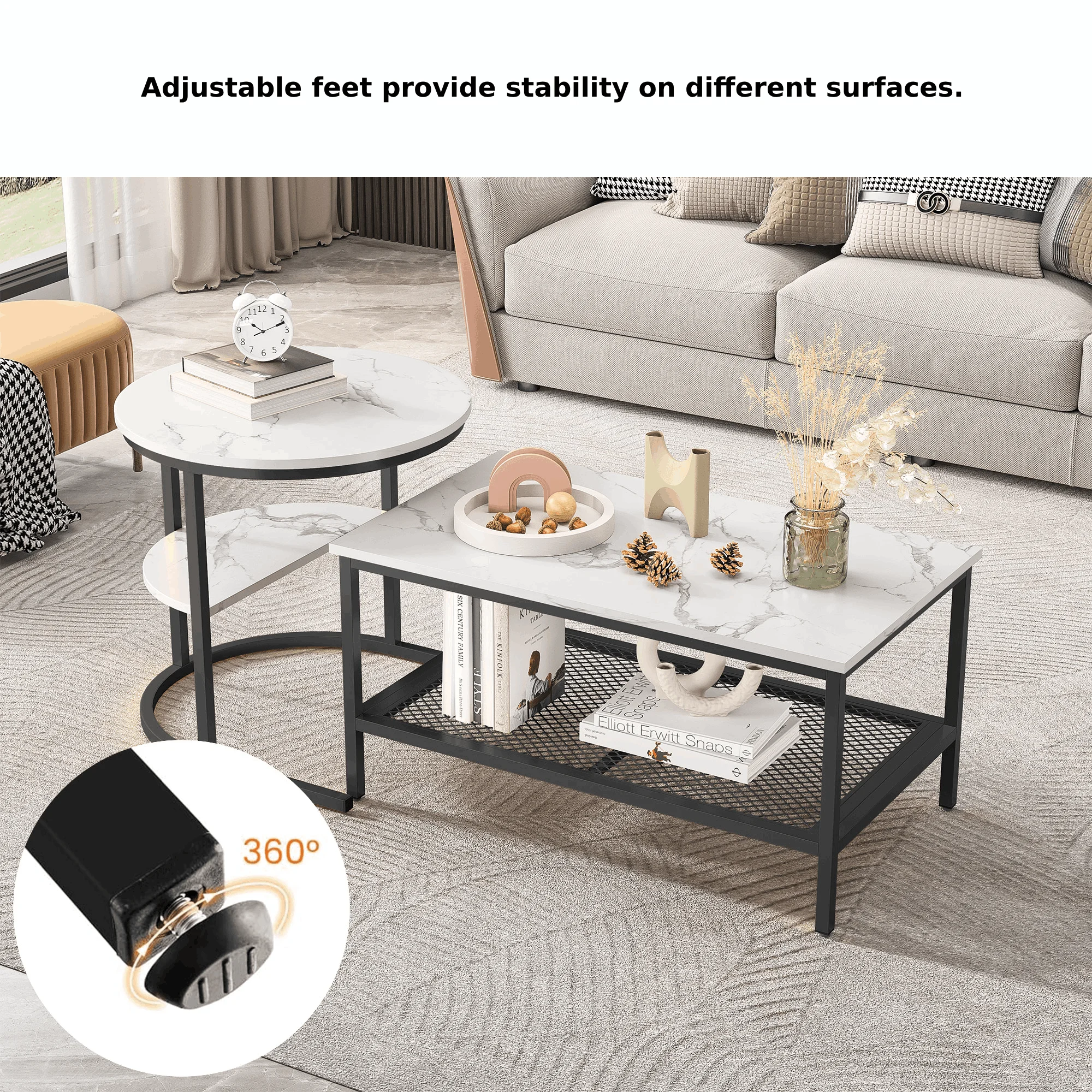 Anajqaqia Ensemble de tables basses modernes Tables d'appoint rondes rectangulaires 80x46x41cm 52x52x51cm