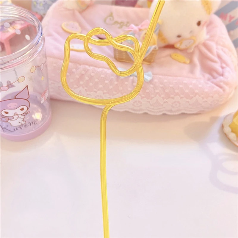 Hello Kitty ดื่มฟางอะนิเมะตุ๊กตาแมว Kt รูปร่างฟางการ์ตูนที่ใช้ซ้ำได้สีฟางท่อเครื่องดื่มน้ำผลไม้นมฟางของขวัญ