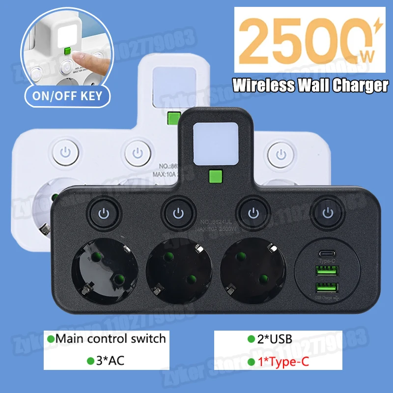 Regleta de enchufe europeo con 3 tomas de CA + 2 puertos USB + 1 tipo C, adaptador de enchufe 6 en 1, cargador de pared inalámbrico para el hogar y la Oficina
