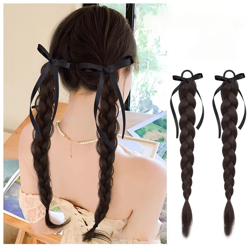 Synthetische 2PC Kinder Simulation Boxgeflecht Doppel Pferdeschwanz Perücke Mädchen Band Bowknot Twist Braids Perücken Verlängerung 50cm